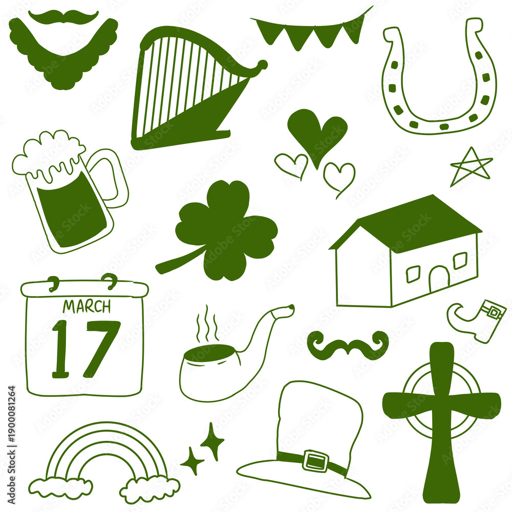 Fototapeta premium set of St Patrick's Day icons and green ecology symbols featuring nature leaves, recycling elements, and earth environment illustrations for sustainable design