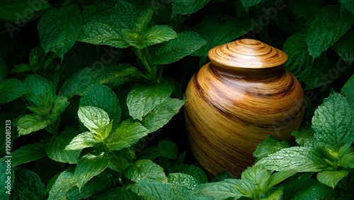 Cuadro en lienzo Wooden Cremation Urn Amidst Lush Green Leaves