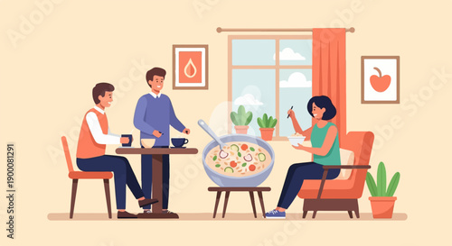 Friends enjoying a warm, home-cooked meal together in a cozy living space