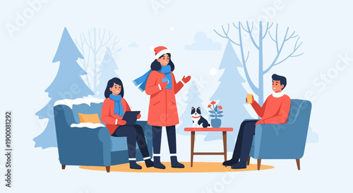 Friends enjoying winter day indoors with hot drinks and a dog