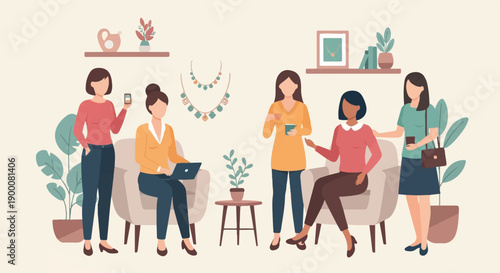 Flat illustration of five women gathered together in a cozy interior