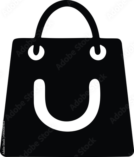 Black shopping bag with white handle and smile isolated on transparent background