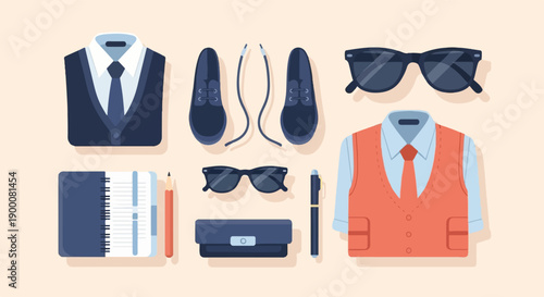 Flat illustration of men's formal wear and accessories arranged neatly
