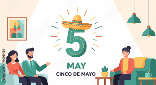 Flat illustration of people celebrating Cinco de Mayo with festive decorations