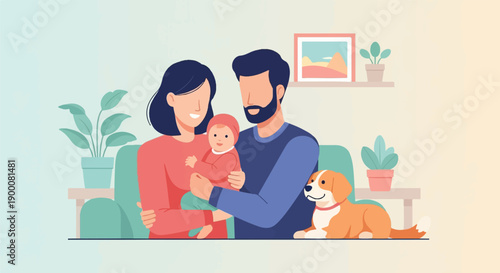 Flat illustration of happy family with baby and dog in cozy living room