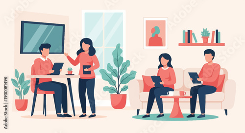 Flat illustration of people collaborating and relaxing in a modern living space