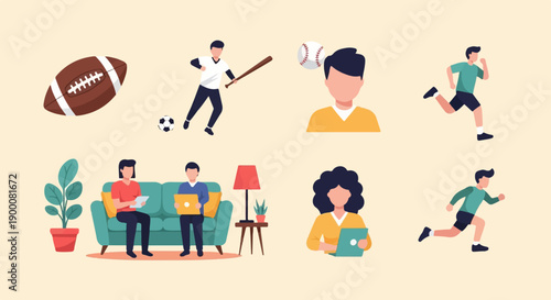 Flat illustrations depict sports, running, and people interacting with technology