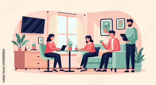 Friends collaborating and relaxing in a cozy living room with plants and technology