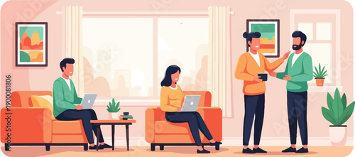 Friends collaborate on laptops in a brightly lit room with plants