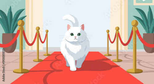Fluffy white cat walks the red carpet, flanked by stanchions and potted plants