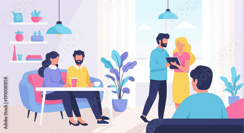 Friends and colleagues meeting in a bright, modern cafe setting