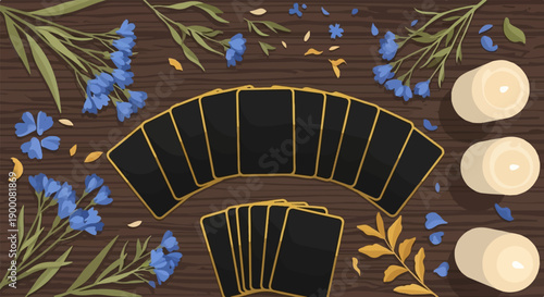 Fortune telling setup with tarot cards and blue flowers