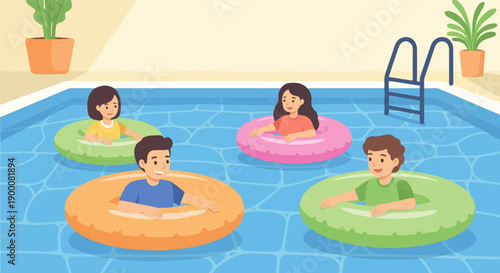 Four children enjoy a summer day floating in a bright blue swimming pool on colorful rings