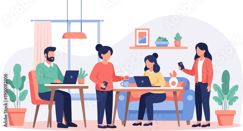 Four diverse individuals working collaboratively in a modern, plant-filled office setting