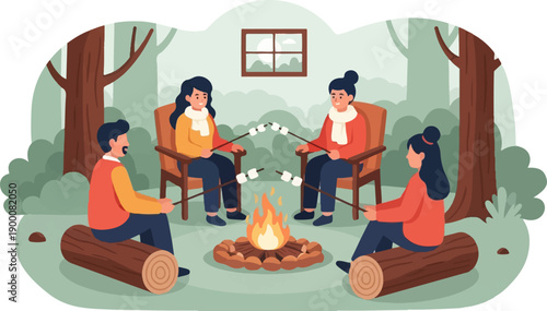 Four friends enjoying a campfire with marshmallows in a forest setting