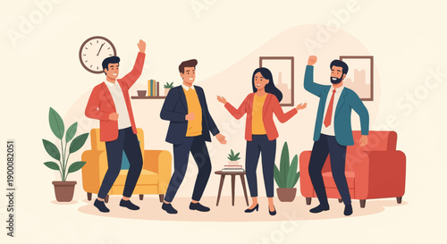 Four happy people in business attire dancing and celebrating in a modern office