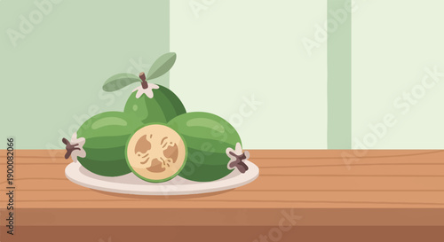 Four green feijoas, one sliced, on a white plate on a wooden table