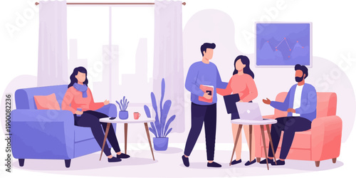 Four people collaborate in a modern living room with a whiteboard