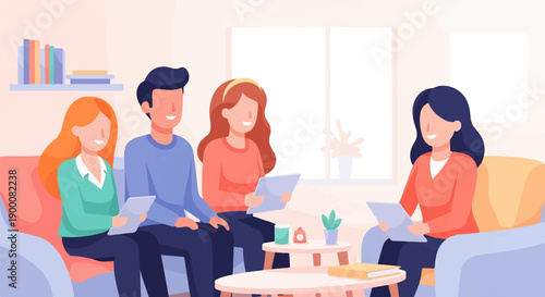 Four people are in a living room, two on the left, two on the right