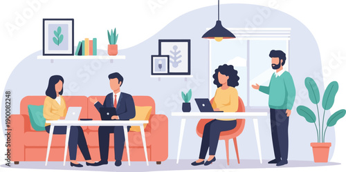 Four people collaborate in a modern, light-filled home office space