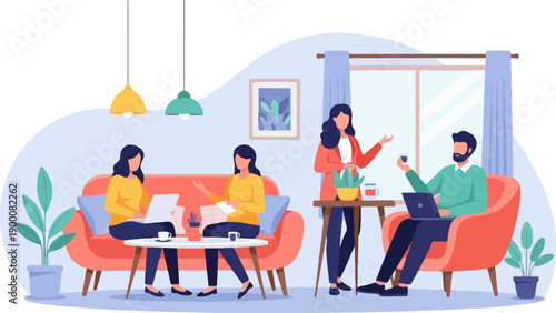 Four people collaborate in a modern office space, two on a couch, two standing and seated