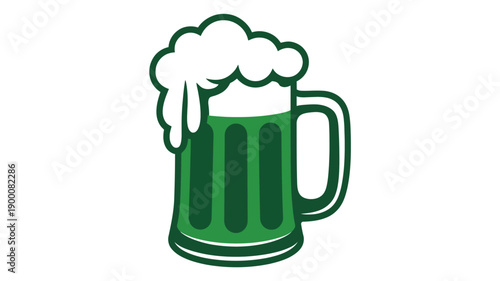 Green beer mug illustration with frothy foam representing St Patrick’s Day celebration Irish beer tradition isolated vector on white background