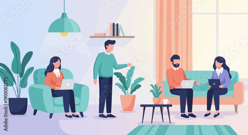 Four people collaborate in a modern, well-lit home office space