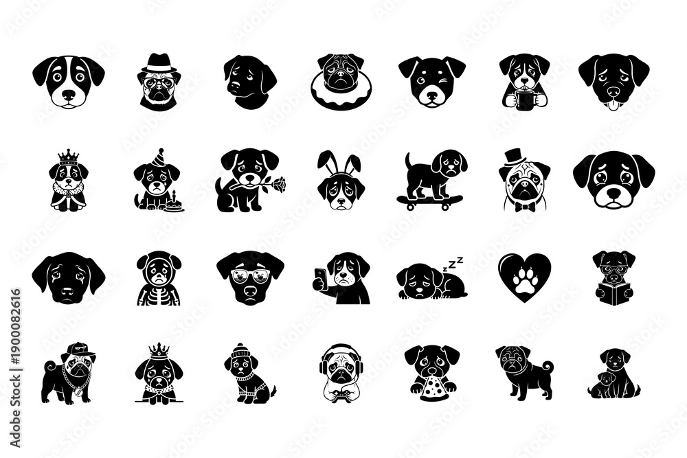 Fototapeta premium Funny Dog Characters with Glasses, Hats, Costumes, and Emotions Vector Icons.