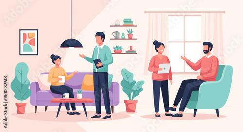 Four people conversing and working in a modern, well-lit living room environment