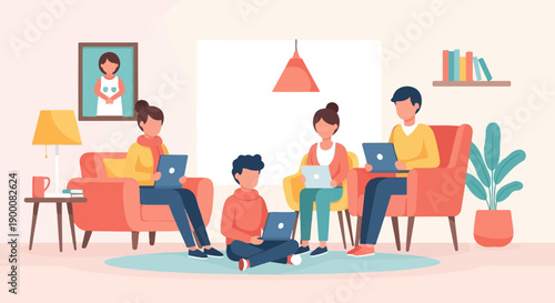 Four people engaged in remote work or learning on laptops