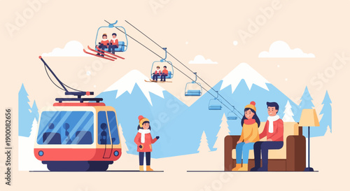 People enjoying winter sports and resort amenities with mountain scenery