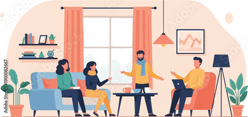 Four people gather in a cozy living room for conversation and work