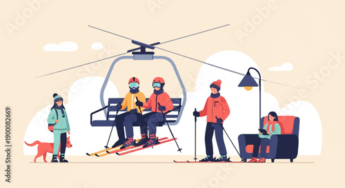 People enjoying winter ski resort activities, with a ski lift, skiers, and a relaxed person