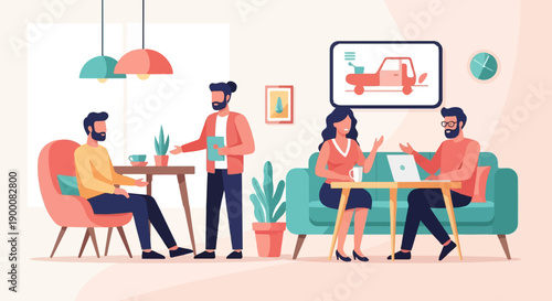 Four people gathered in a modern indoor space, discussing ideas around tables