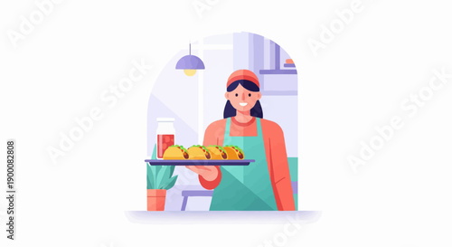 Friendly server presents a tray of freshly made tacos and a refreshing drink