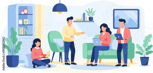 Four people in a bright room, some with laptops, others with mugs