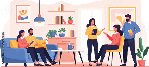 Four people in a bright room, two on a sofa, two standing, discussing