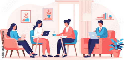 Four people in a brightly lit room, two on laptops at a table, two in armchairs