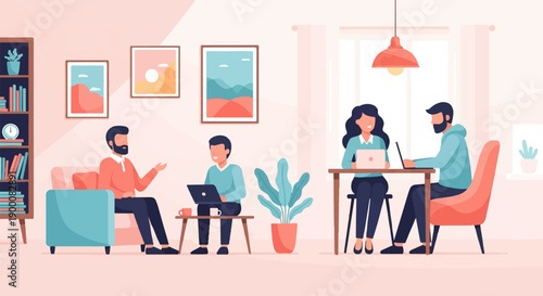 Four people in a brightly lit room, some working on laptops