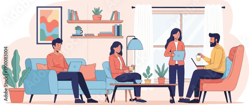 Four people in a living room, two sitting on a couch, one standing, one in armchair