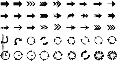 Black arrow icon set with direction pointers, navigation signs, cursor symbols, loading circles, refresh buttons, and motion graphics for web interface design and app development.