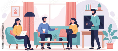 Four people in a living room with laptops and drinks