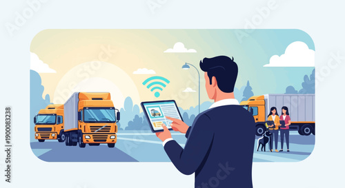 Manager overseeing logistics with tablet, trucks, and staff in background
