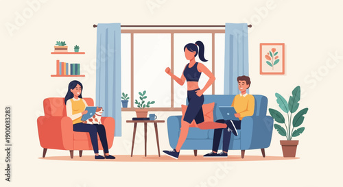 People exercising and relaxing at home with pets and technology
