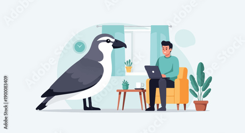 Man works on laptop near giant bird and plants in a modern room