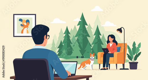 People and pet working remotely with a forest backdrop