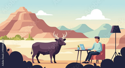 Man works on laptop in desert landscape with large bull nearby