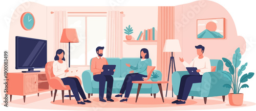 People gather in a living room for a discussion, using laptops and tablets