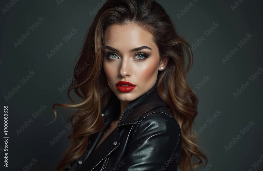 Fototapeta premium Attractive woman with long brown hair wears a black leather jacket and red lipstick. Her gaze is direct, conveying confidence and allure. Studio portrait with dark background highlights her features.