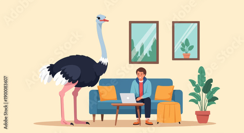 Ostrich and man working on laptop in living room with plants
